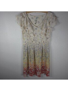 LC Lauren Conrad Midi Dress Sheer Floral  Ruffle Sleeve A Line Cream Size 12